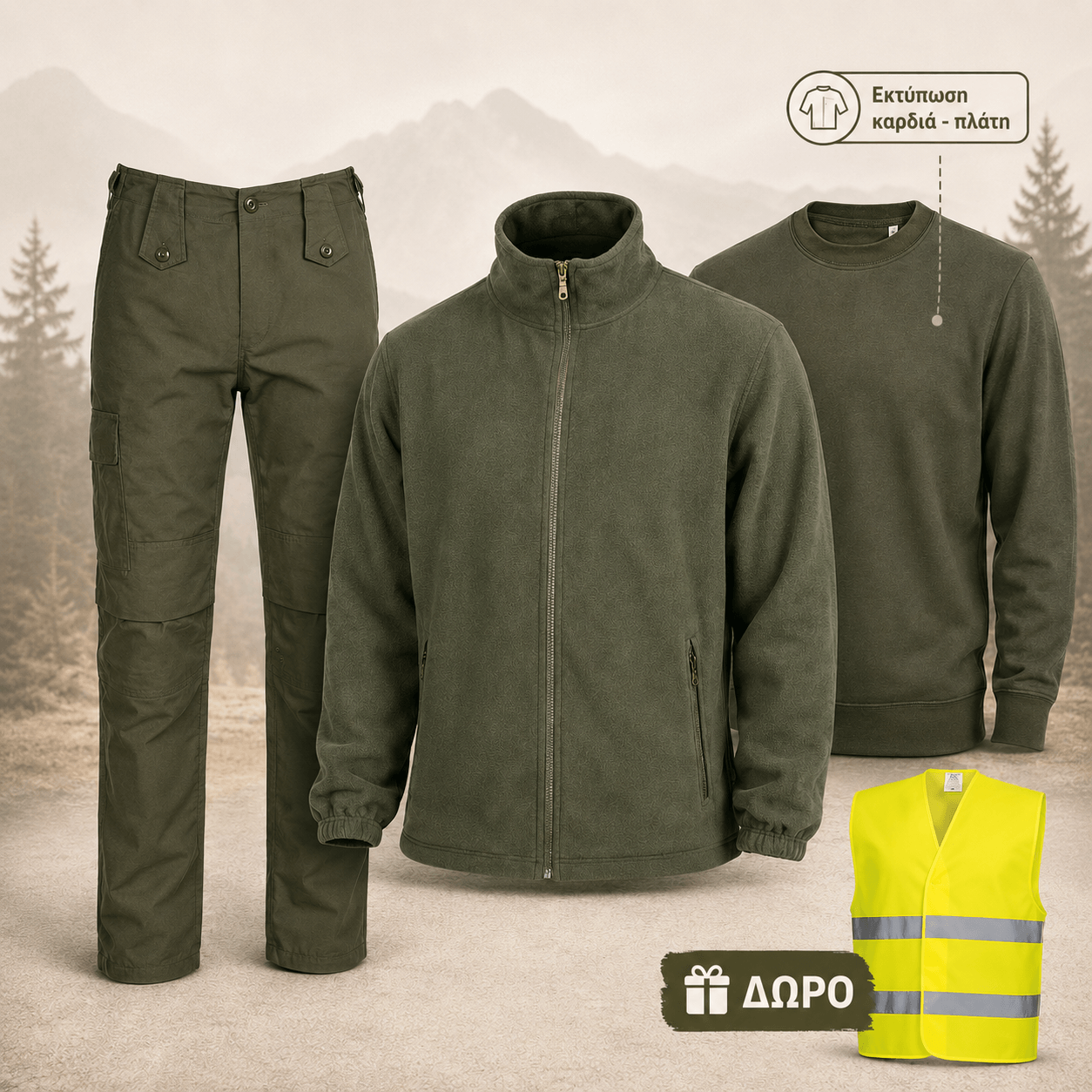 ad hunter 2 | Πακέτο Ένδυσης Κυνηγού – Παντελόνι, fleece & Φούτερ με Εκτύπωση + ΔΩΡΟ Ανακλαστικό Γιλέκο